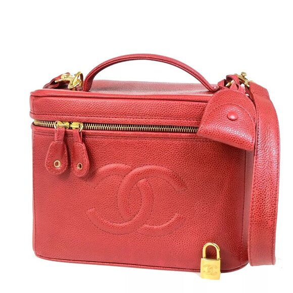 CHANEL CC Logo 2Way Vanity Hand Bag Caviar Skin Leather Red GHW Vintage - Picture 1 of 16